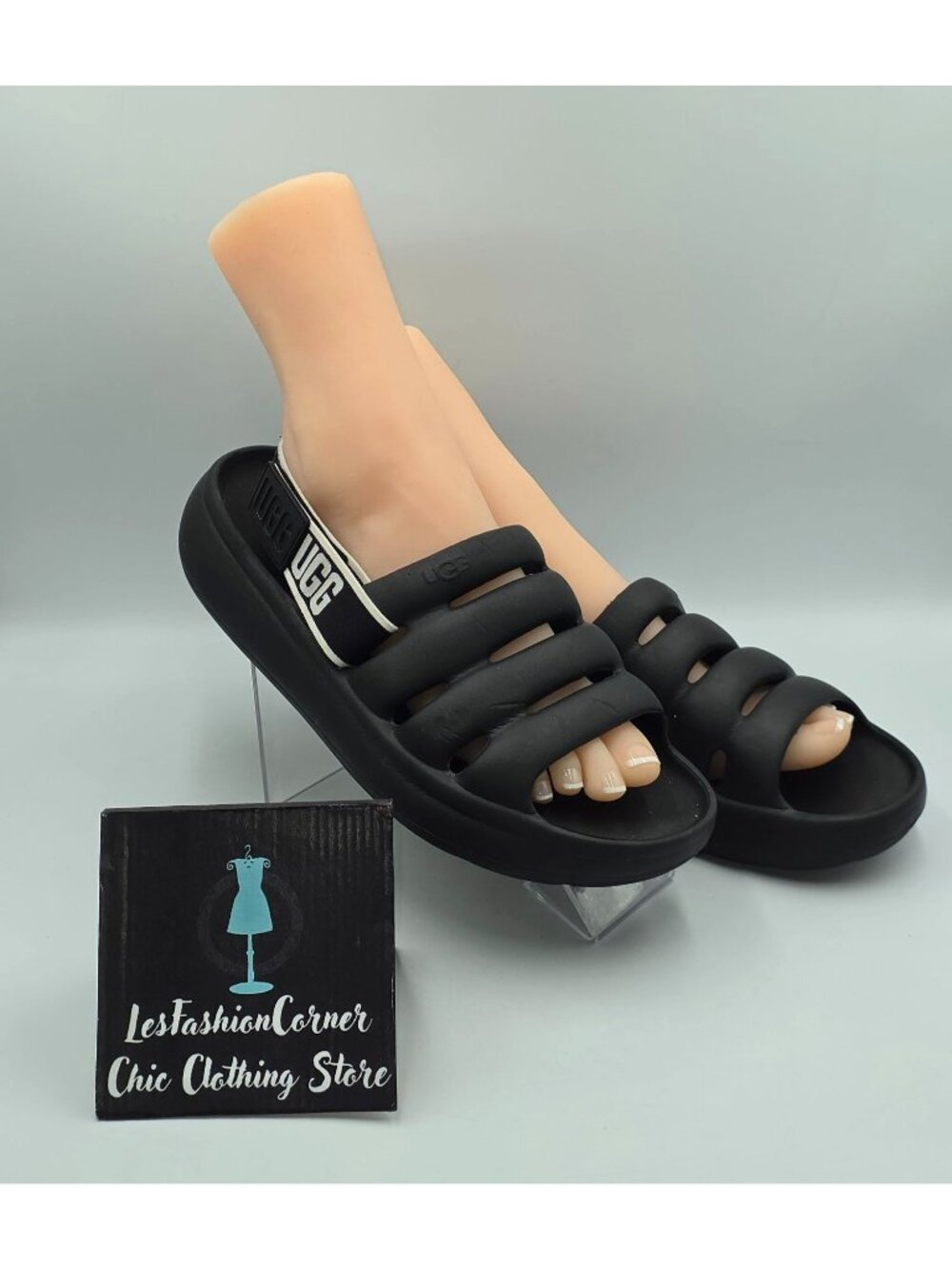 UGG Women's Black Sport Yeah Slide Logo Slingback Strap Sandals Size 10 3829 - Picture 14 of 16